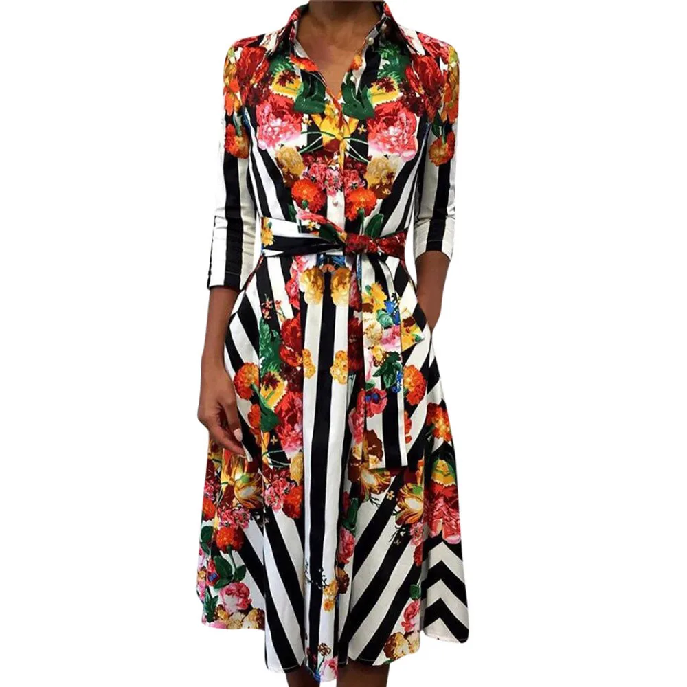 

2018 Winter Dress Women Long Sleeve Striped Floral Print dress winter Ladies Casual Dress Clothes Women Clothes 2018 vestidos