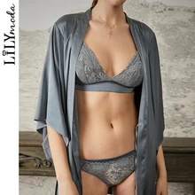 LILYMODA, 3 шт., женский халат, шелковое сексуальное кимоно, ночная рубашка, ночная рубашка+ кружевной бюстгальтер, бюстгальтер, треугольная чашка, сексуальный комплект нижнего белья