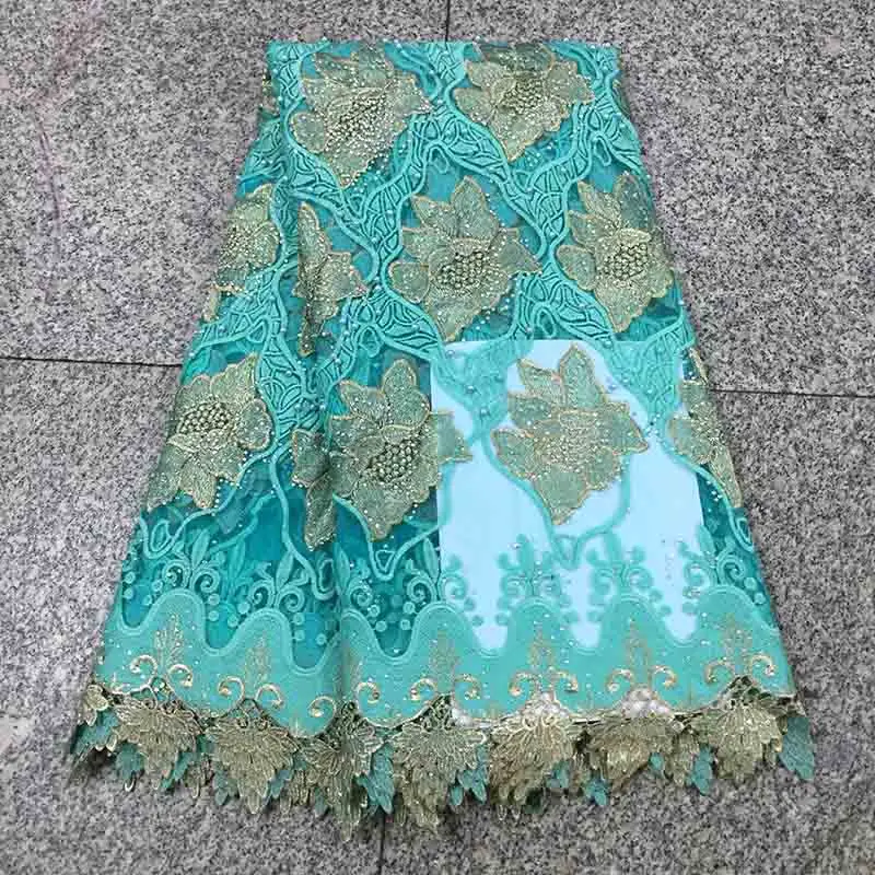 

High Quality Stones Hot Sell African Lace Fabric Tulle Mesh 2018 Aqua green Cord Net Lace With Bead/French Guipure Lace Fabric