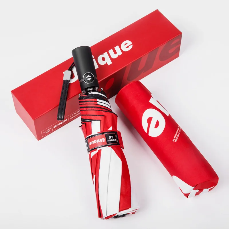 

Business 3 Folding Full Automatic Umbrella Men Open Close Sunny Red Umbrella Fashion Customizable Logo Advertising Umbrella U5B