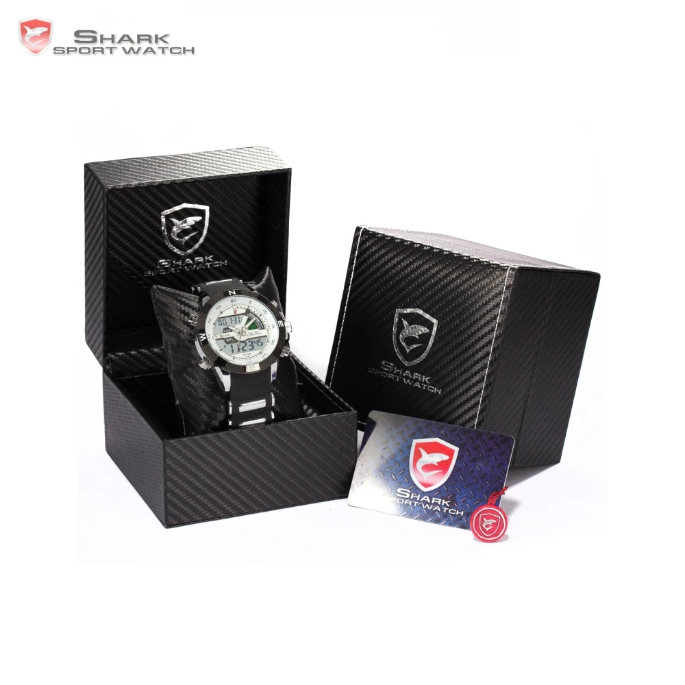 

Luxury Leather Package SHARK Sport Watches Relojes Esporte Calendar Dual Time Rubber Band Clock Digital LCD Timepiece /SH041-045