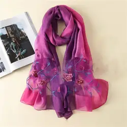 Легкий вес Шелковый шарф цветок вышивка большой шарфы для женщин шаль для женские роскошные платок-бандана красные, синие Роза элегантны
