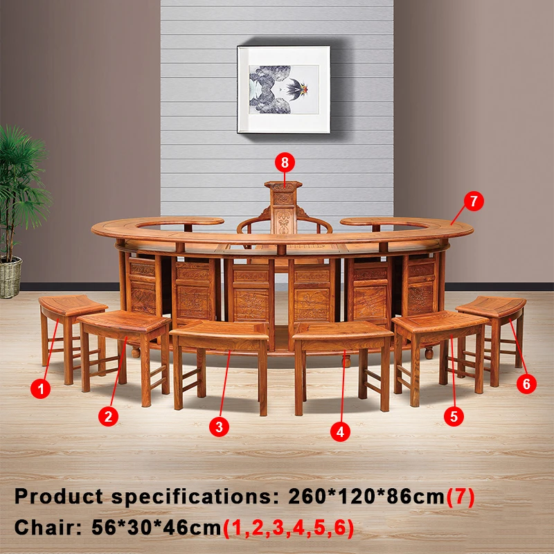 8 Pcs/Set Red Solid Wood Furniture Traditional China Style Tea Table And Chair Large Waist Desk Hedgehog Rosewood Furnishings