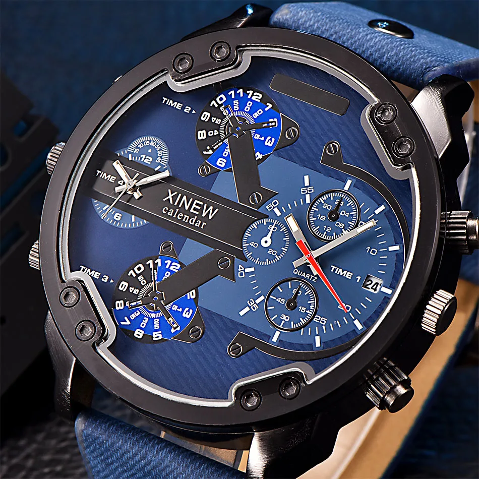 Мужские часы модные часы с большими цифрами Дата Япония кварцевые кожаный повседневный ремень для часов Dual Time Montre Homme Marque Роскошные dz