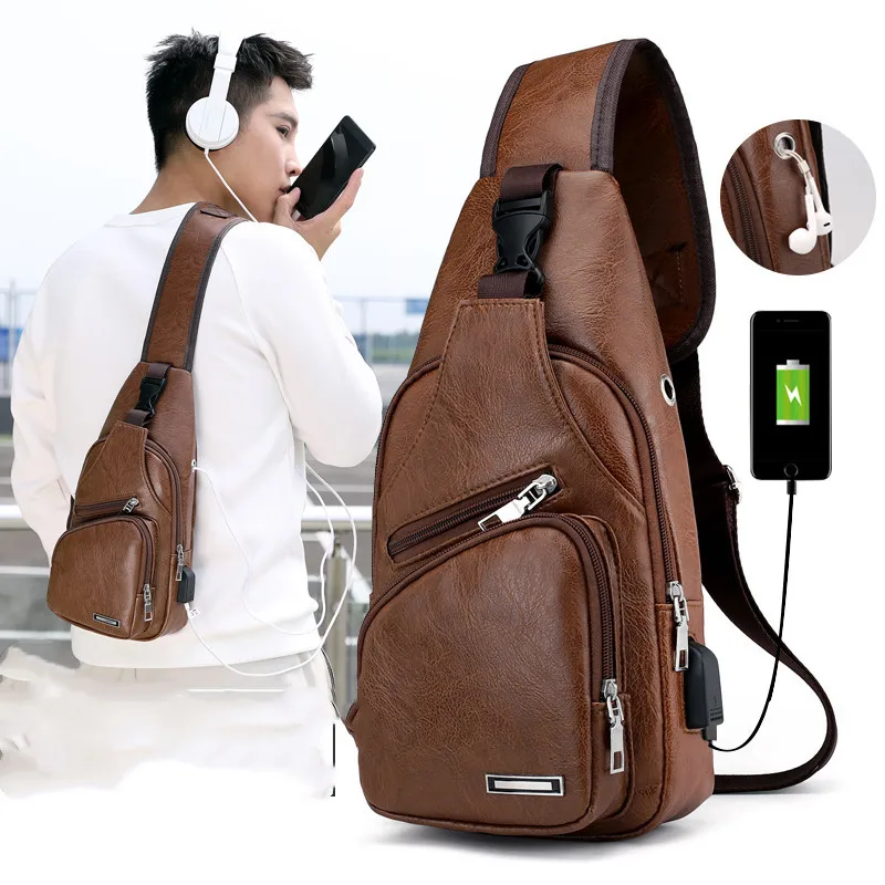 

Men's Chest Bags Fashion Spot USB Charging Multifunctional Satchel Men Purses and Handbags Out Door PU Leather Leisure Crossbody