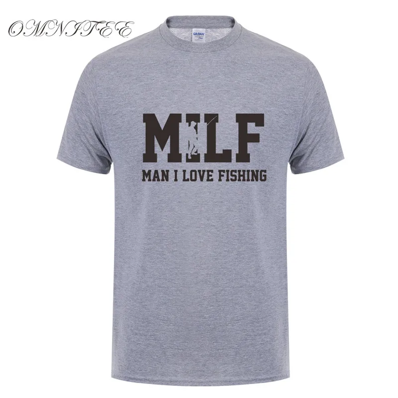 Мужская футболка с надписью MILF Man I Love Fishing хлопковая коротким рукавом для