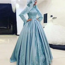 Arabic Muslim Evening Dress with Hijab Modest Long Sleeve Evening Gown Caftan abiye elbise vestido de festa abendkleider Cheap