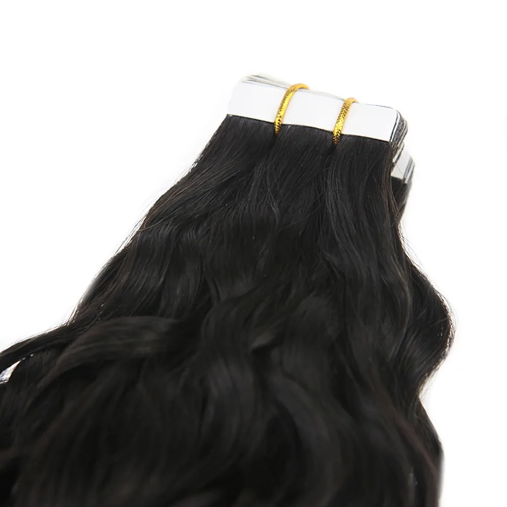 Full Shine 50 Gram Natural Wave Tape in Hair Extensions Adhesive Tape Remy Human Hair Black Color 20 Pcs Glue on Cheveux Humain