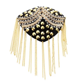 

Epaulette Brooch Metal Acrylic Rhinestones Cloth Fringe Golden Decoration Punk