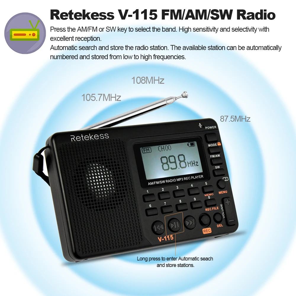 Retekess радио FM/AM/SW многополосный радиоприемник REC рекордер басовый звук mp3-плеер колонки с таймером сна