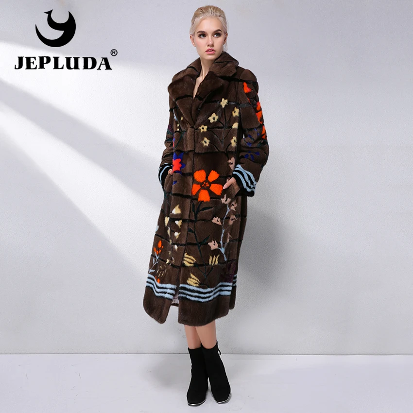JEPLUDA Женская Норковая Шуба Натуральный Мех Американский с Цветочный Рисунок
