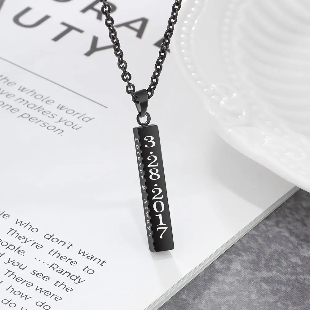 Engraved Name Necklace Personalised Gift Black Color Strip Pendant Stainless Steel Necklaces & Pendants (JewelOra NE102646)
