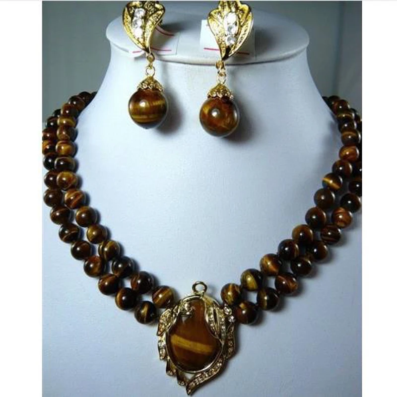 

2018New Fashion Luxurious 2 Row 8mm Natural Tiger Eye Stone Necklace Pendant Clip Earrings Set