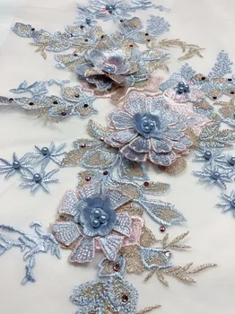 

NEW High Quality 2019 Tulle Applique Beaded French Nigerian Lace Fabrics Pearls Embroidered Guipure African 3d Lace Fabric Blue