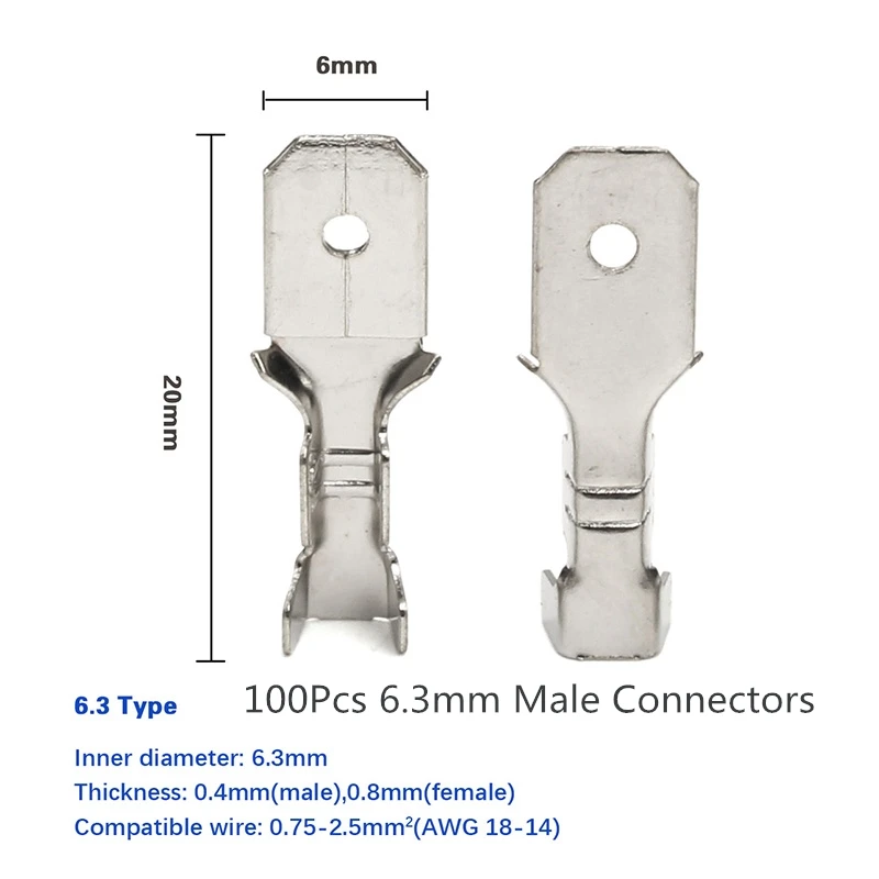 100 шт./компл. 4,8/6,3 мм Женский обжимных клемм соединитель золотистыми латунными зубцами/серебристый автомобиль Динамик электрические соединители проводов Набор - Цвет: 6.3mm Silver