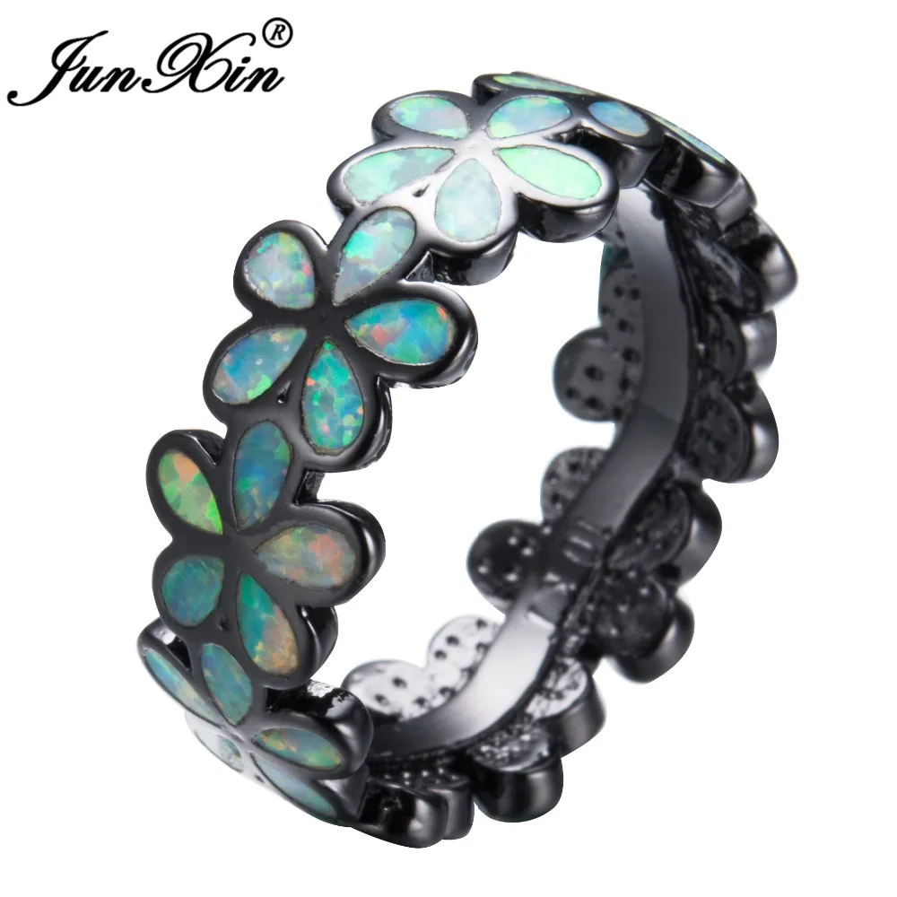 JUNXIN Fashion Black Gold Filled Rings For Women Rainbow Fire Opal Daisy Flower Ring Unique Birthstone Jewelry Mother's Day Gift