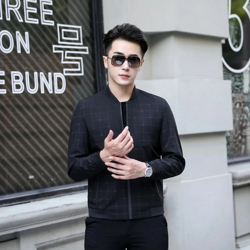 

Summer Autumn Mens Jacket Stand Collar Windbreaker Male Baseball Jackets Casual Thin grid print High Quality 6905