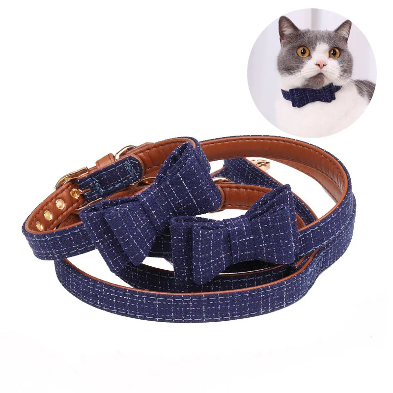 

Striped Bowknot Pets Dog Collar Soft Leather Dog Leash Plaid Puppy Bandana Bow Tie Adjustable Cat Collars Small Dog Lead Leashes