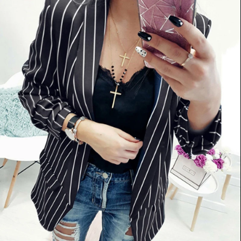 

High Quality Elegant Women Blazer Jacket Office Lady Striped Suits Fashion Sheath Autumn Cardigan Femme Outwear