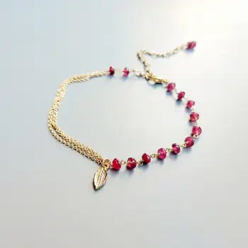 

Lii Ji Genuine Red Ruby Bracelet 925 Sterling Silver Gold color Leaf With Gold Chain Link Delicate Bracelet For Women