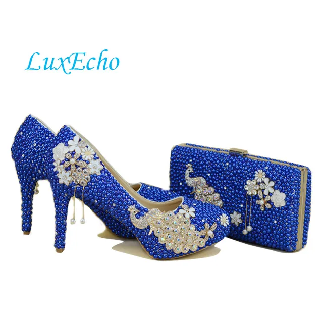 New Royal Blue Pearl Wedding Shoes And Bags Sets Women S High New Royal Blue Pearl Wedding Shoes And Bags Sets Women S High Heels Platform Woman Party