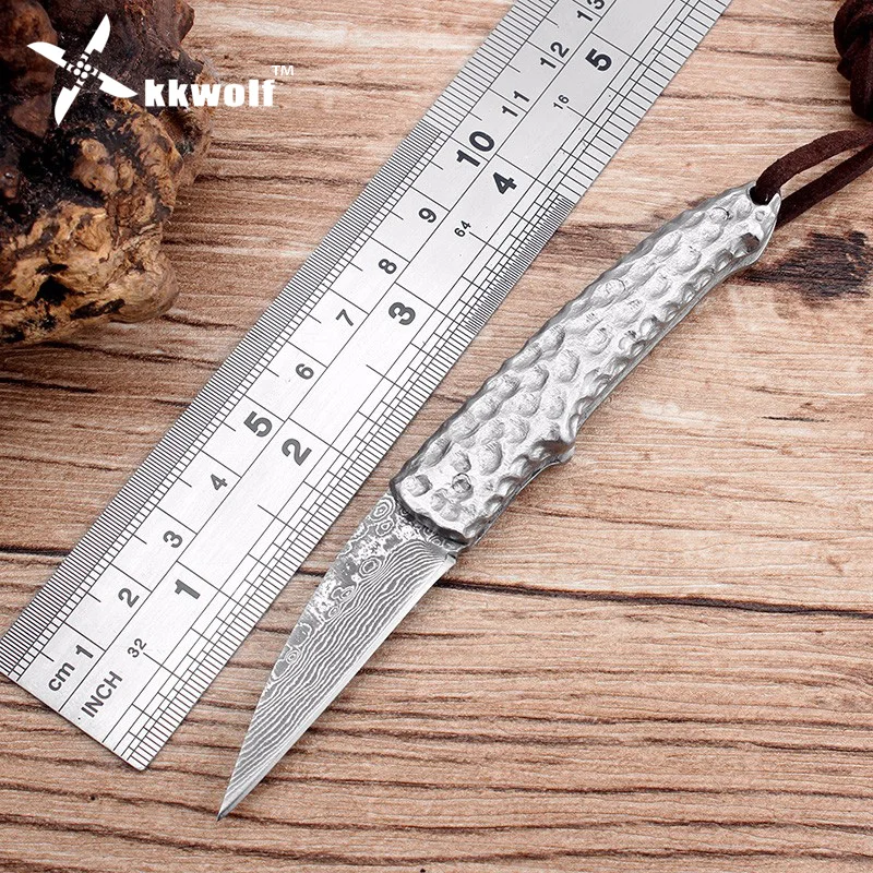 Дешево Kkwolf Малый серебряных Дамаск Складной нож Портативный карманный нож ручной ковки стали ручка очень Sharp Тактический охотничий нож