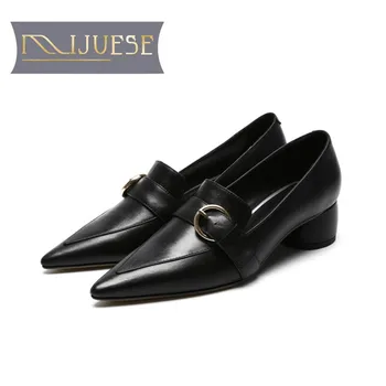 

MLJUESE 2019 women pumps autumn spring cow leather pointed toe buckle strap pink color high heels lady shoes party dress wedding