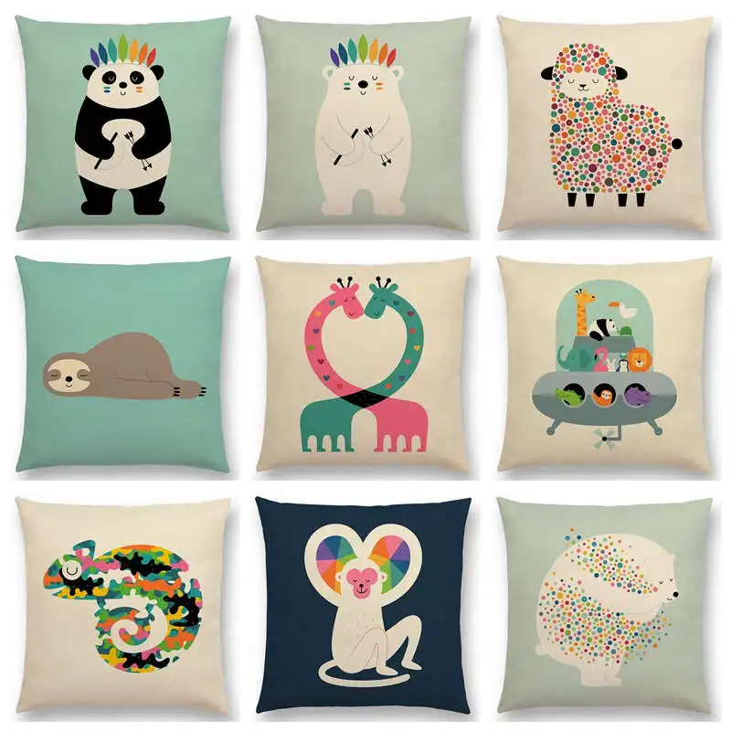 

Cute Cartoon Animals Interesting Deer Panda Sheep Bulldog Chameleon Sloth Panda Elk Colourful Cushion Cover Sofa Pillow Case