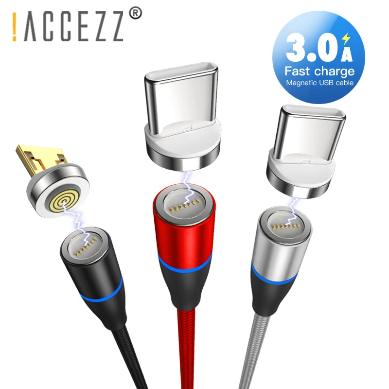

!ACCEZZ Magnetic USB Charging Cable Lighting For IPhone XR X XS MAX Micro USB Type-C Charger Sync Data Cables LED Fast Charge 3A