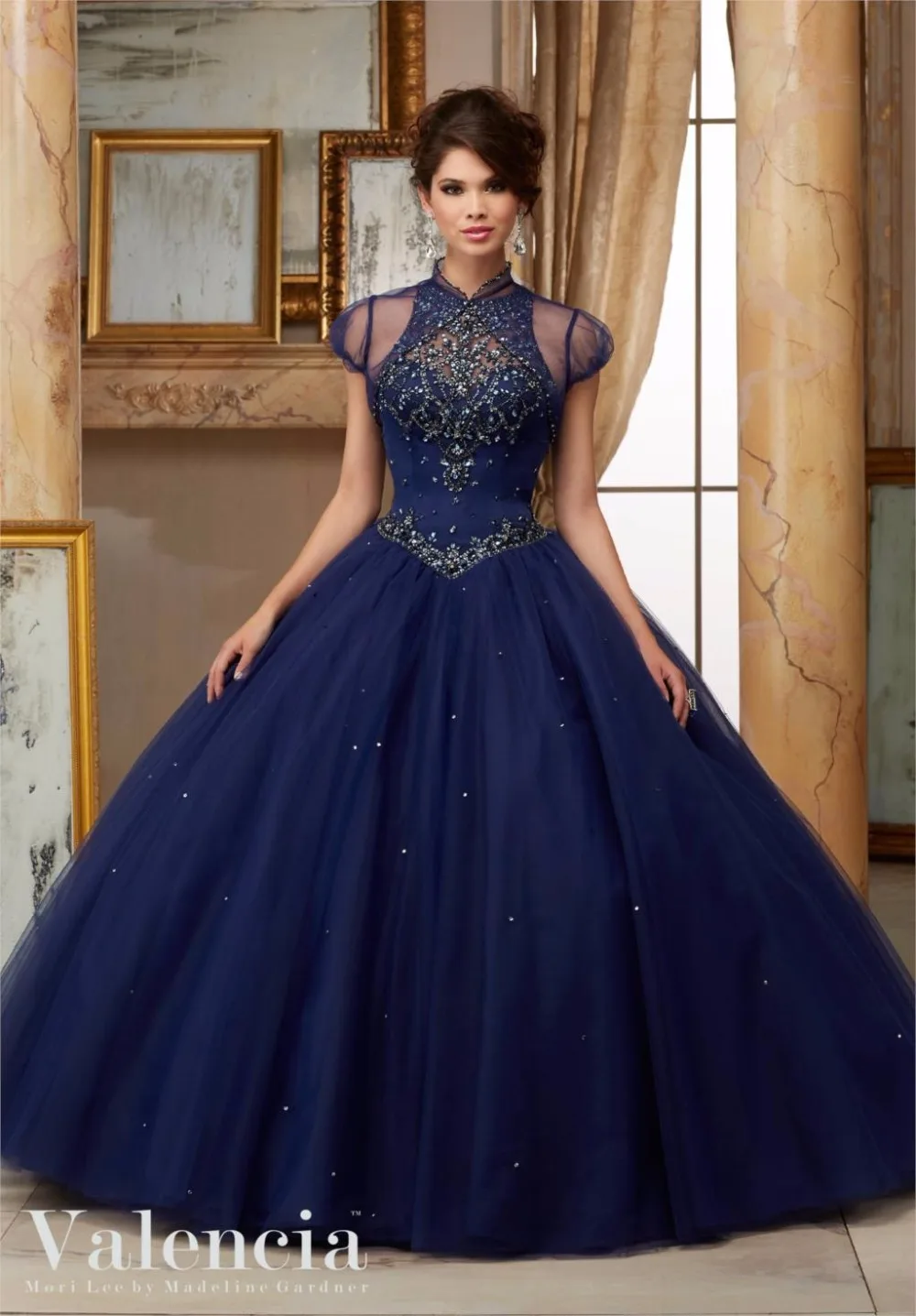 Navy Blue Red Quinceanera Dresses High Neck with Beaded Masquerade Ball Gowns Sweet 16 Dress Vestidos De 15 Anos