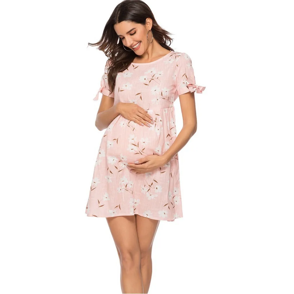 

Women Maternity Cotton Blended Short Sleeve Floral Print Maternity Dress
