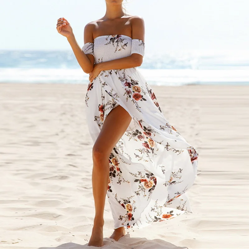 

MoneRffi Summer Women Dress Strapless Shoulder Lady Wrapped Chest Print Beach Holiday Beach Dress Female Sundress Hot Sale