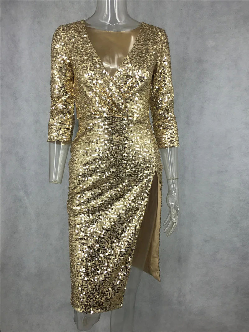 Женское платье с золотыми блестками, Бандажное платье с длинным рукавом и v-образным вырезом сбоку, пикантное платье с разрезом, расшитое блестками, женское облегающее Клубное платье, vestidos de fest