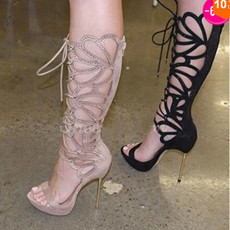 new fashion open toe butterfly cut-outs knee high summer boots crystal lace up gladiator sandals boots