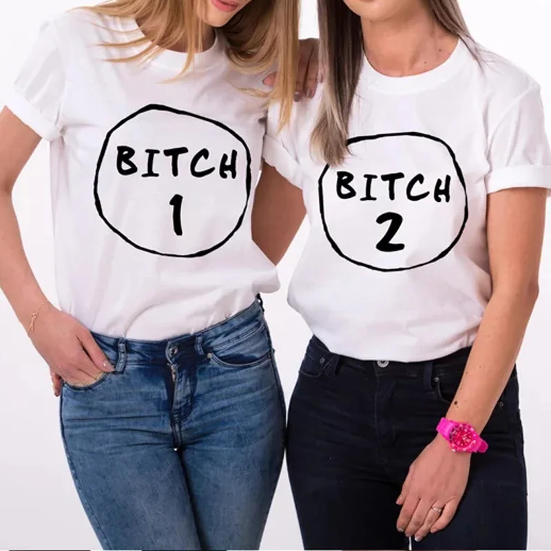 Футболка Bitch 1 Bitch 2 best Friends, женские футболки с коротким рукавом и круглым вырезом для девушек, футболки с рисунком tumblr, хлопковые топы