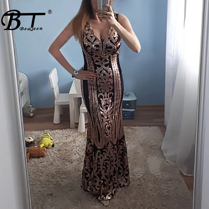 

Beateen 2019 Summer New Sexy Deep V Straps Sleeveless Sequined Diamonds Women Party Vintage Sheath Floor-Length Dress