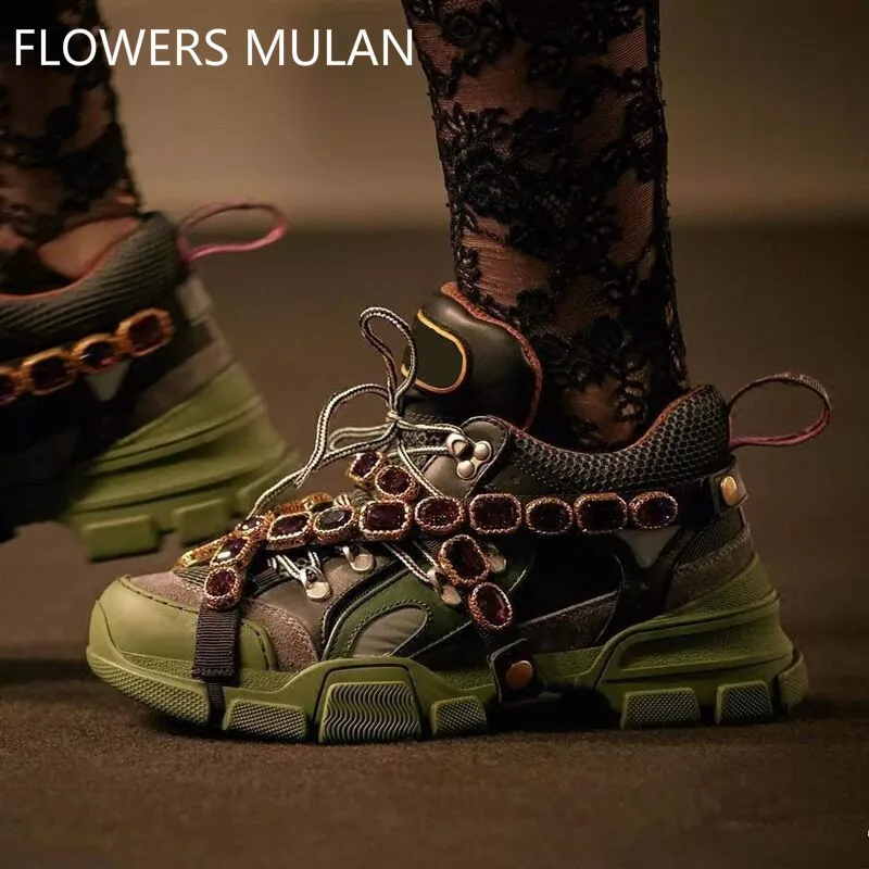 

Luxury Brand Handmade Crystal Embellished Mixed Colors Platforms Shoes 2018 Lace Up Ultra Sneakers Pre-order Shoes Woman