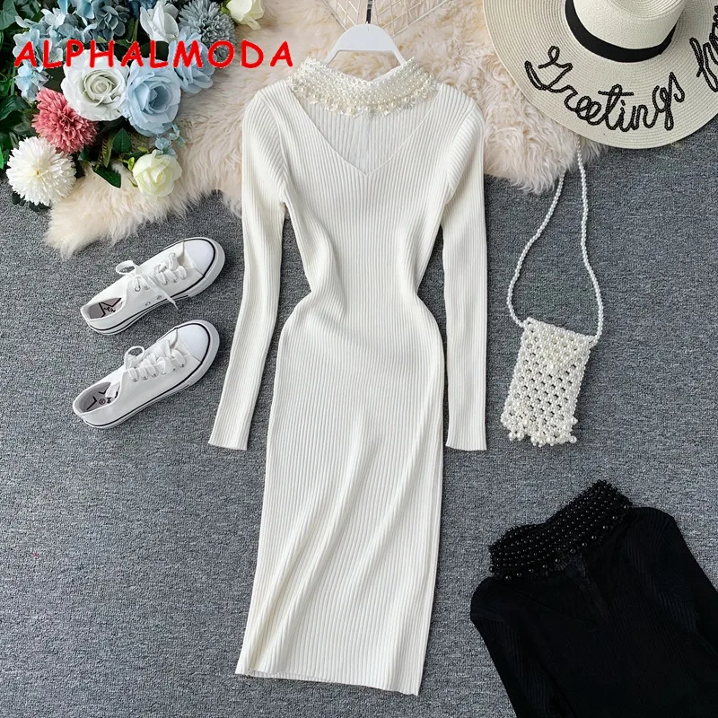 ALPHALMODA осеннее Новое Женское винтажное трикотажное платье с жемчужным воротником и длинным рукавом в стиле пэчворк с воротником, изящное нижнее платье для девушек