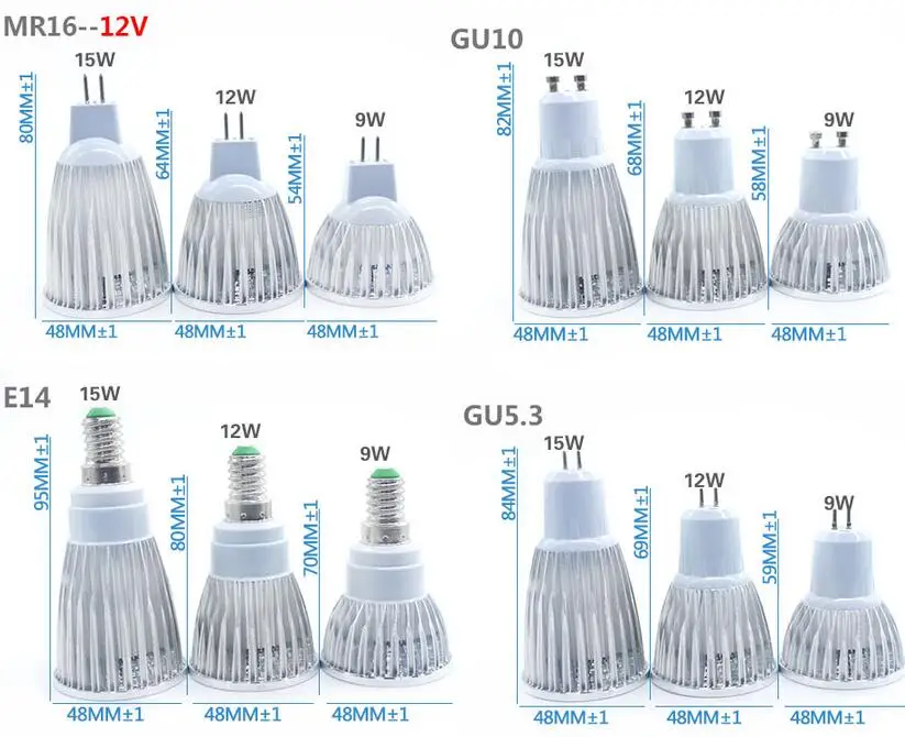 E27 E14 GU10 MR16 GU5.3 СВЕТОДИОДНЫЙ удара прожектор управляемый 9 w 12 w 15 w пятно света лампы высокой мощности лампы DC12V или AC85-265V