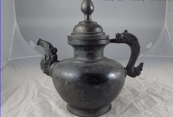 

Collectible bronze lion statue S0930 12 China Royal Palace Collect Old Copper Bronze Dragon Head Flagon Pot wine pot B0403