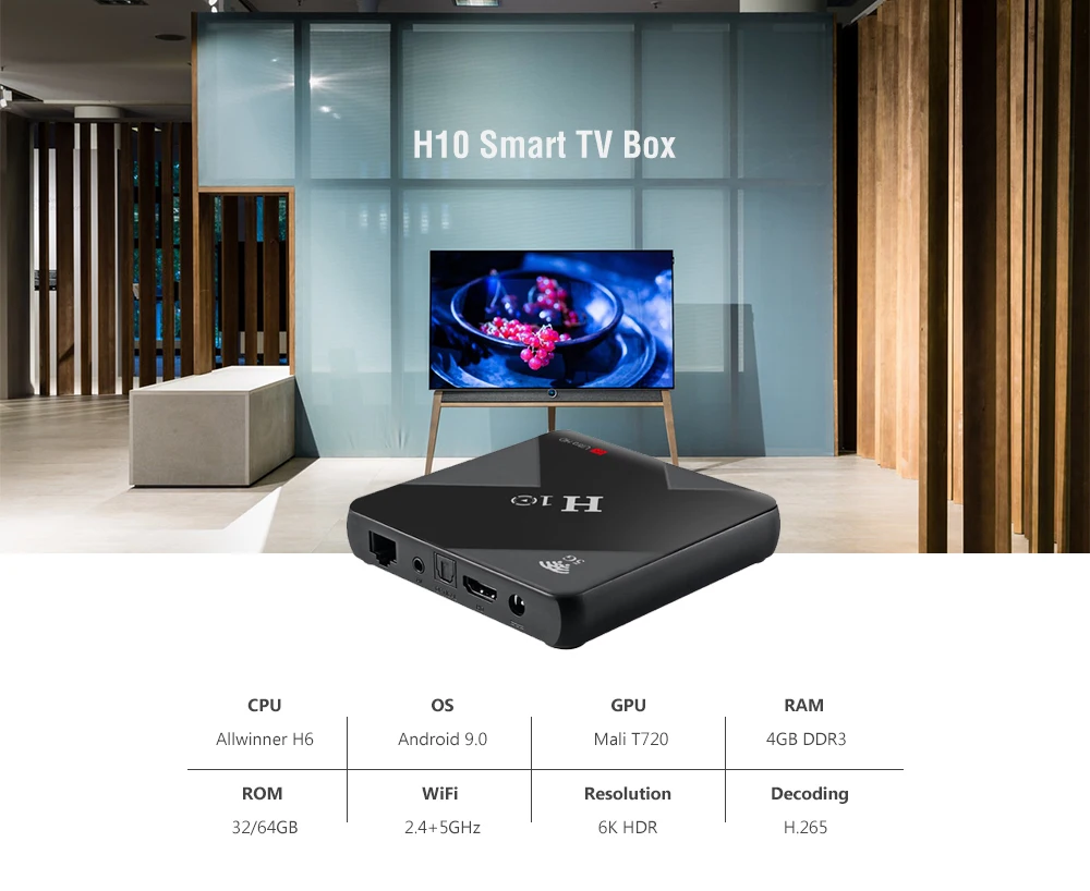 H10 Android 9,0 Смарт ТВ коробка, 4 ГБ, 64 ГБ, Allwinner H6 2,4G + 5G, Wi-Fi, USB3.0 6 K HDR H.265 Декодер каналов кабельного телевидения