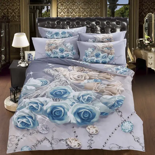 3d White Blue Rose Flower Bedding Set Romantic