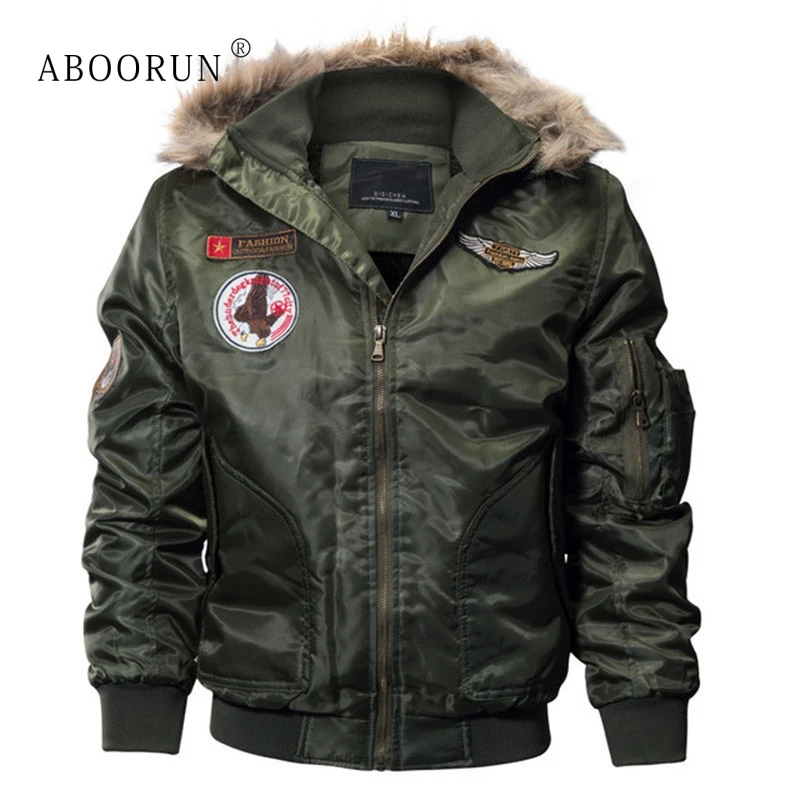 

ABOORUN Men's Fashion Bomber Jacket with Fur Collar Military Thick Fleece Hooded Jacket Men's Winter Coat Parka W4040