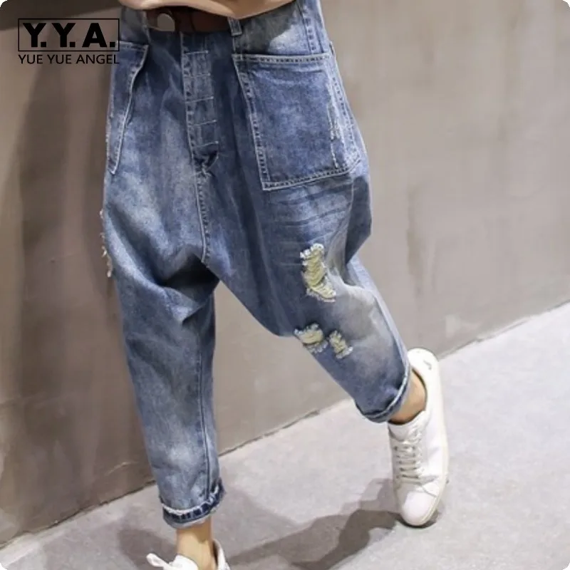 

2019 Autumn New Arrival Womens BF Style Drop-crotch Harem Denim Cowboy Carpenter Hole Ripped Jeans Loose Fit Long Pants