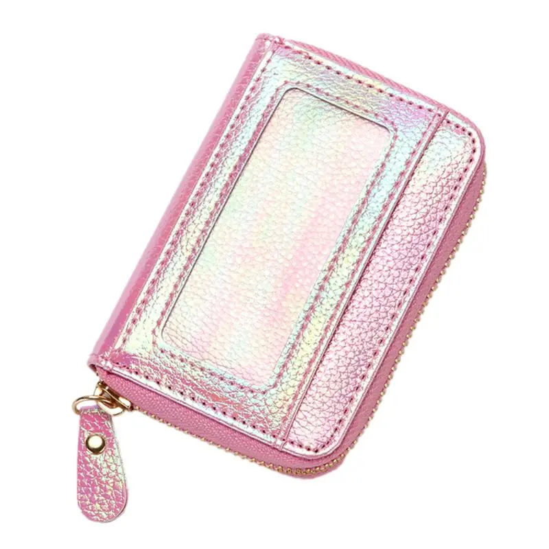 Women Hologram PU Leather Credit Card Holder Purse with RFID Protector Small Zip Around Wallet - Цвет: PK