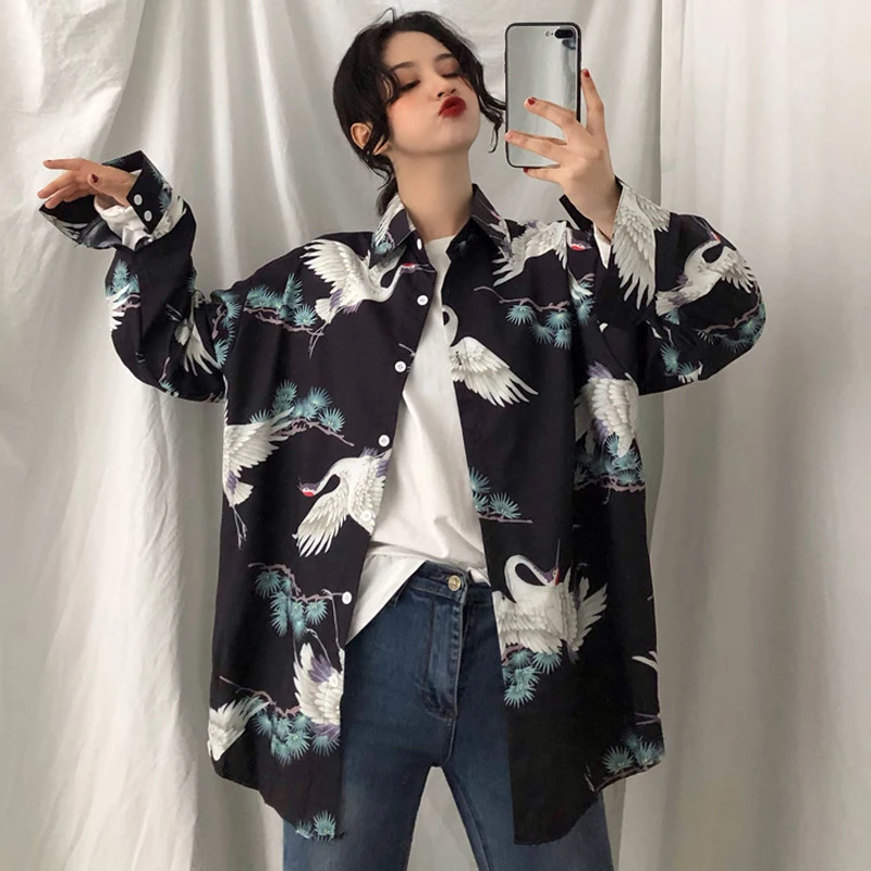 

Summer Sun Windbreaker Long Sleeve Plant Crane Asymmetry Print Loose Oversized Hiphop Streetwear Korean Harajuku Shirt Blouse
