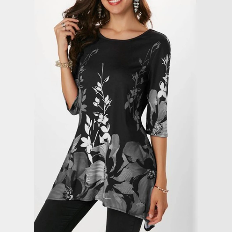 

5xl 4xl Floral print summer women t shirt plus size Half sleeve irregular o neck top new vogue oversized punk streetwear clothes