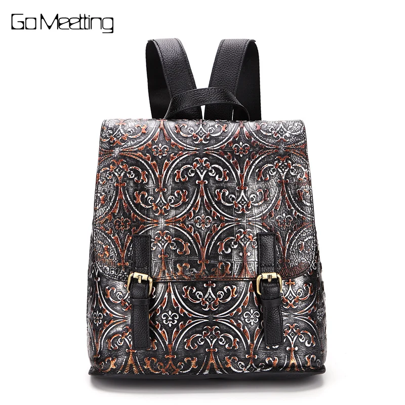 

New 2017 Emboss Genuine Leather Women Backpack Vintage Cow Leather Women Bag High quality Backpacks Female Back Pack sac a dos