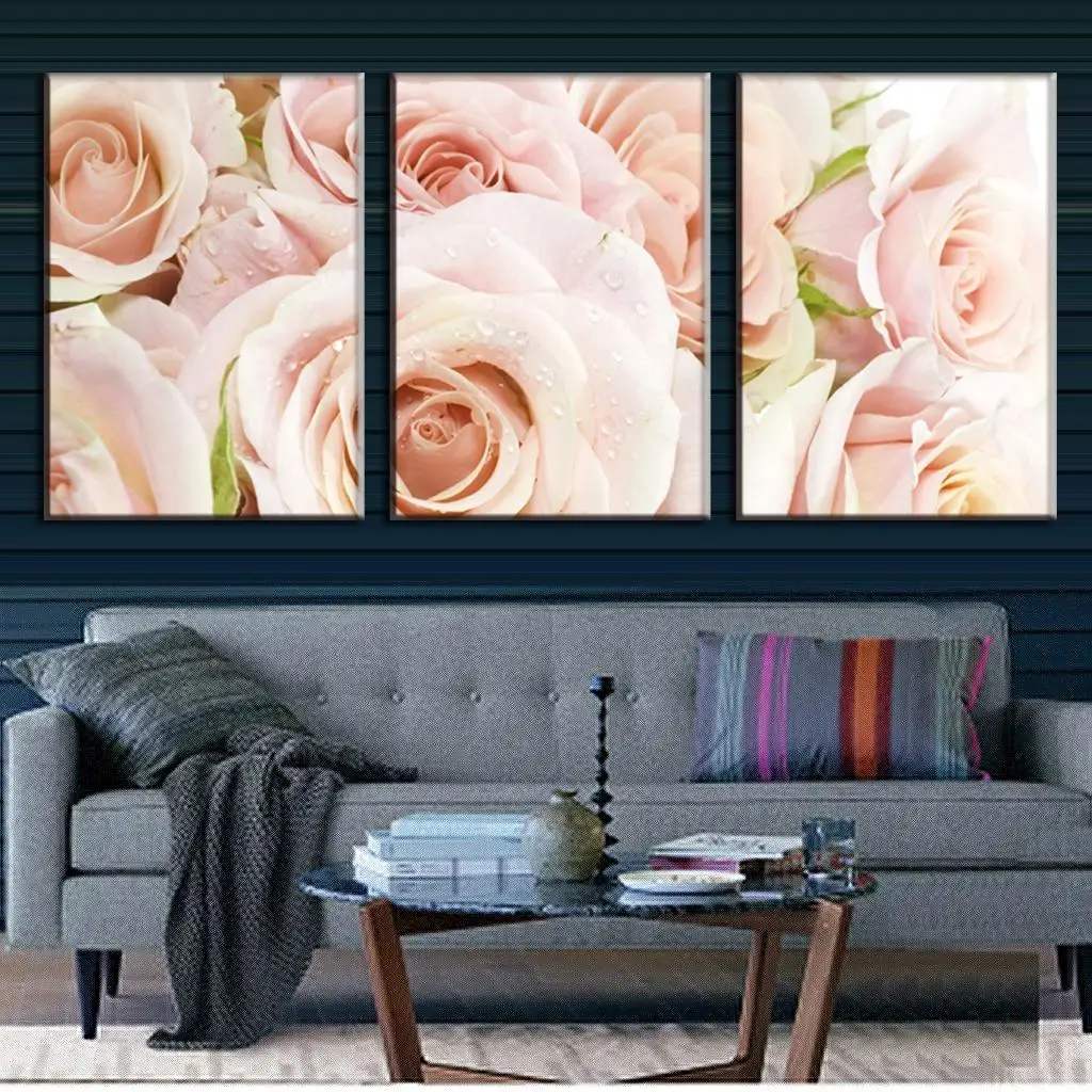3 Pcs/set Combined Framed Flower Wall Art Modern Light Pink Roses