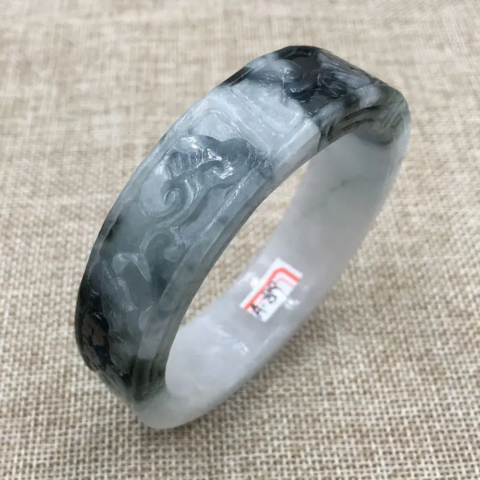

60mm Vintage Chinese Hand-carved Black Green Jadeite Jade Bracelet Bangle 819